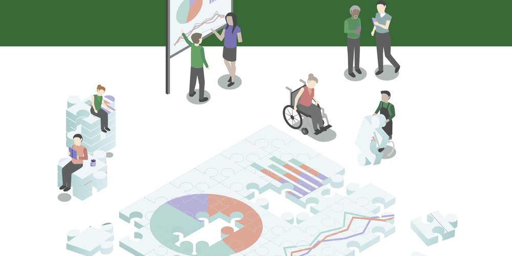 Das aktuelle Titelblatt des Kennzahlenvergleichs 2024 mit kleinen Figuren, die an einem übergroßen Puzzle arbeiten. Quelle: BAGüS