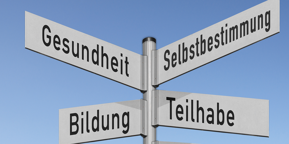 Wegweiser mit verschiedenen Begriffen zur Teilhabe von Menschen mit Behinderungen / Quelle: AdobeStock