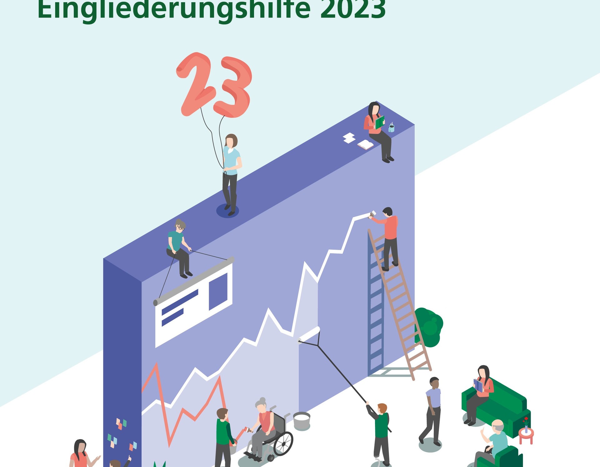 Das aktuelle Titelblatt des Kennzahlenvergleichs 2023 mit kleinen Figuren, die an einem übergroßen Diagramm arbeiten. Quelle: BAGüS